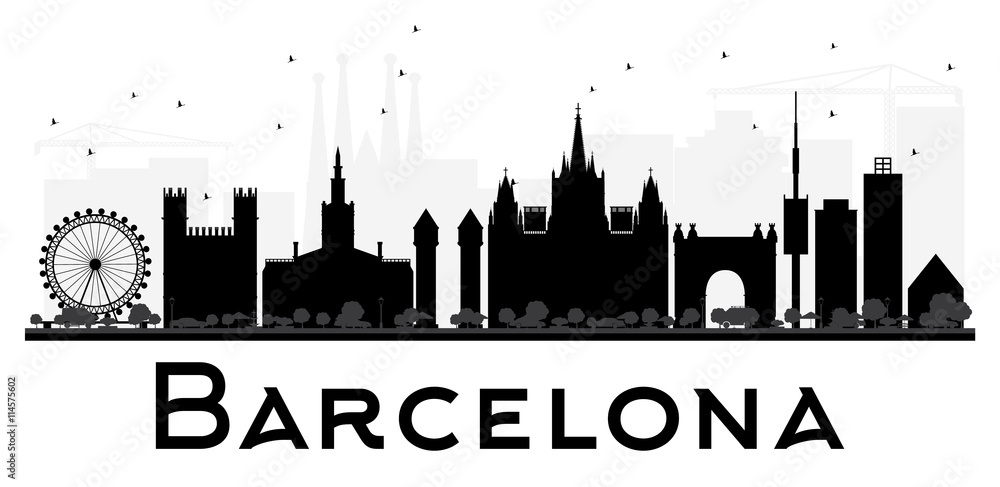 Barcelona City skyline black and white silhouette.