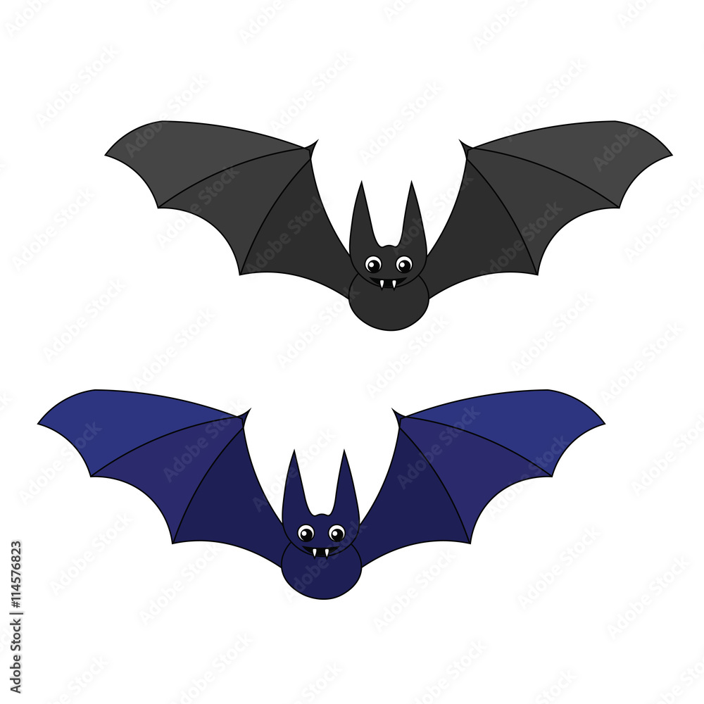 Two cute cartoon bats. A bat with big eyes and fangs. Funny smiling