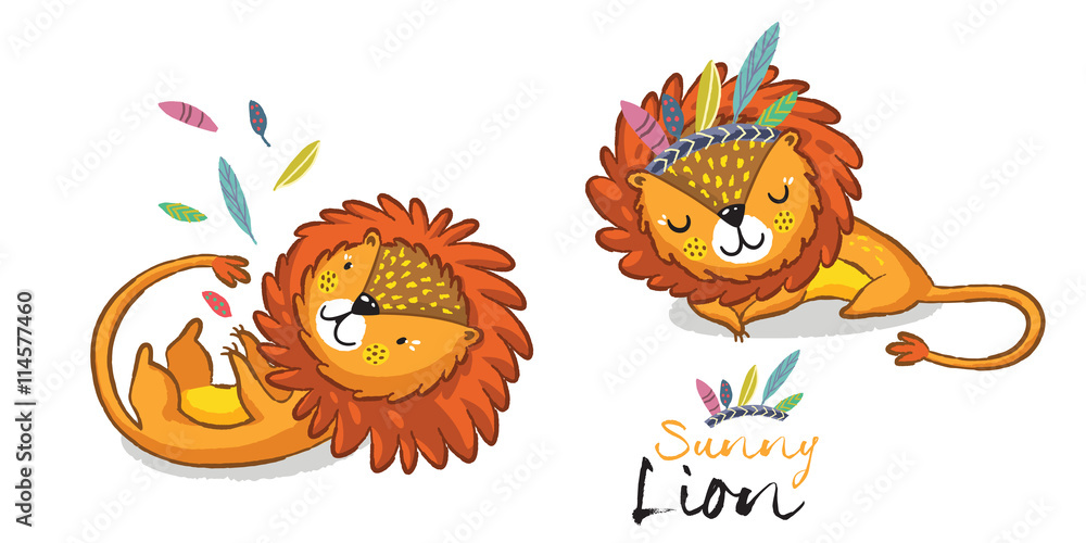 Sunny lion set. King of the jungle. Animal vector illustration