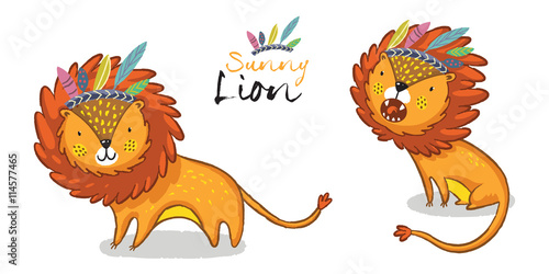 Fototapeta Naklejka Na Ścianę i Meble -  Sunny lion set. King of the jungle. Animal vector illustration