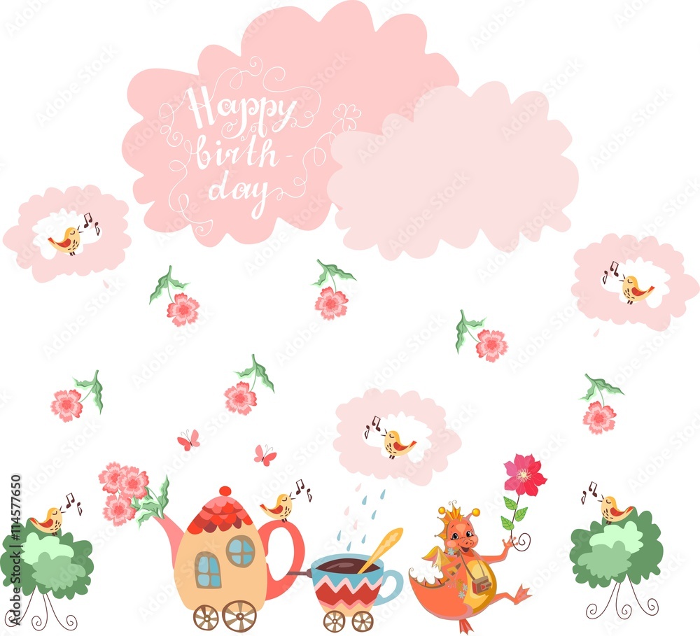 Fototapeta premium Cute greeting Happy birthday card. Childish vector illustration.
