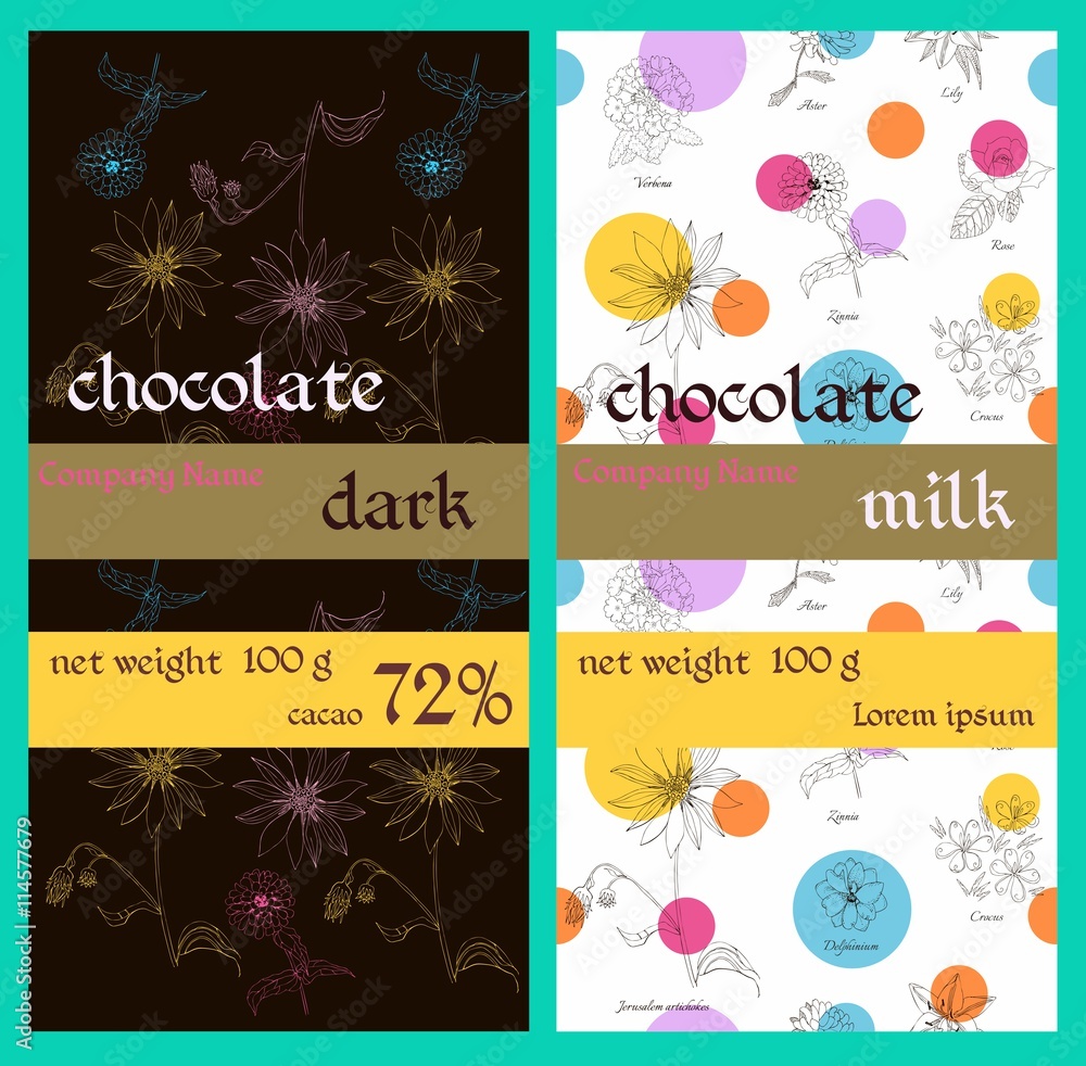 Collection of floral chocolate packaging. Floral design for dark and milk chocolate packaging. Vector illustration.