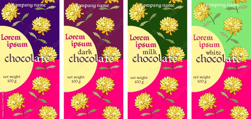 Collection of design elements for chocolate packaging. Beautiful floral templates. Vector set.