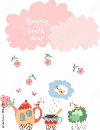 Cute greeting Happy birthday card. Teapot with flowers and cup train. Vector illustration.