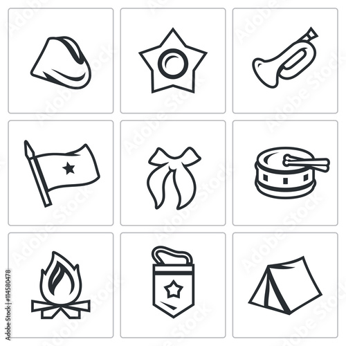 Vector Set of Soviet organization Pioneer Icons. Cap, Oktyabrenok, Trumpet, Banner, Tie, Drum, Bonfire, Pennant, Camp. photo