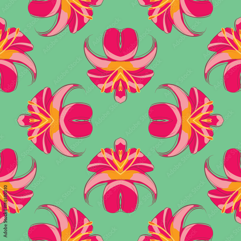 Seamless pattern of red lilies on purple