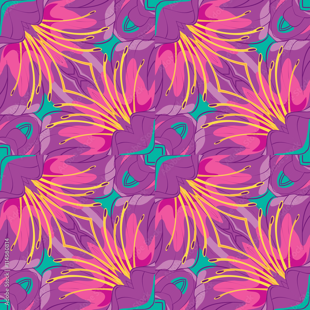 Seamless pattern of red lilies on purple