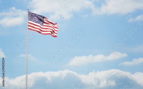 Composite image of american flag waving on pole