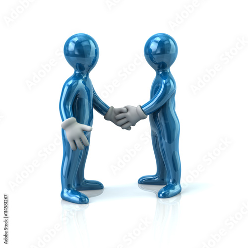 3d illustration of two blue business men handshake
