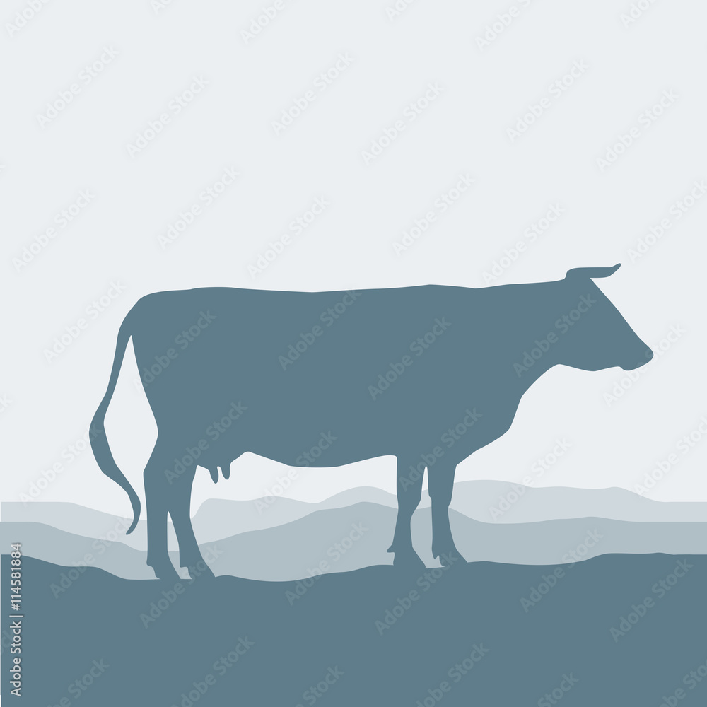Cow silhouette graze in the field, landscape, sky, grass, pasture. Blue, gray background. Vector Cow silhouette graze in the field, landscape, sky, grass, pasture. Blue, gray background. Vector