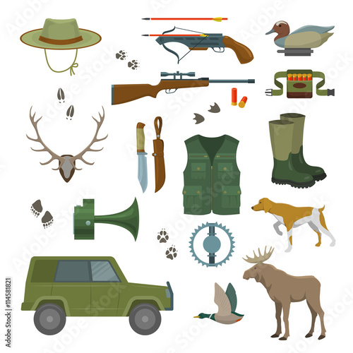 Hunter set of wild animals and birds. hunter set with jeep and bandolier and hunter equipment and accessories. Isolated vector illustration