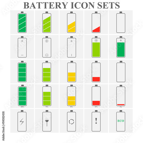 Batter icon sets, Battery level icon sets, Battery charge icon sets, Battery vector image, Battery color icon sets.