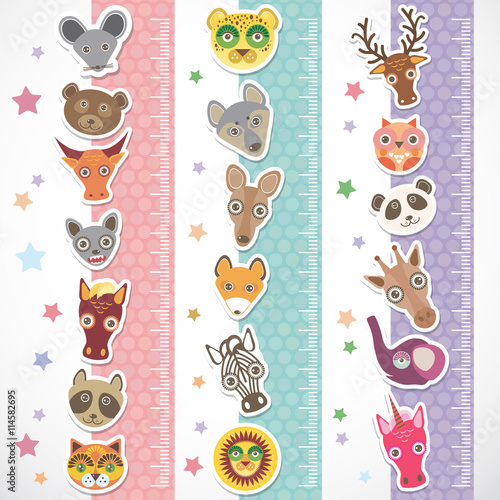 Children height meter wall Sticker set. funny animals muzzle stiker with stars pink lilac blue stripes. Vector