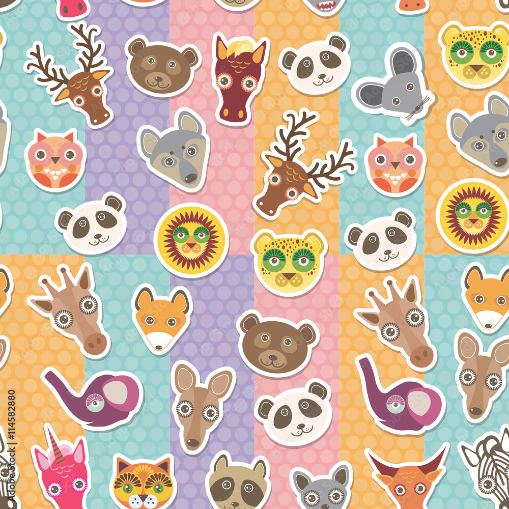 Obraz premium Set of funny animals muzzle seamless pattern. background with Polka dot. Vector
