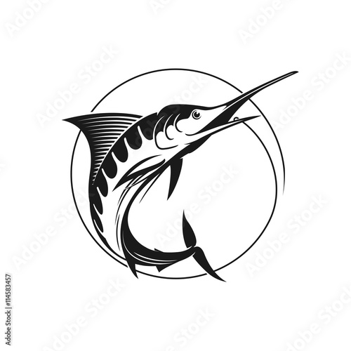 Blue marlin vector sign. Vector fishing logo. Catching marlin on the hook. Stock vector illustration in one color. 