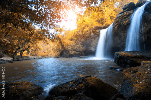 Fototapeta Naklejka Na Ścianę i Meble -  Haew Suwat Waterfall, the beautiful waterfall in rain forest at Khao Yai National Park, Thailand