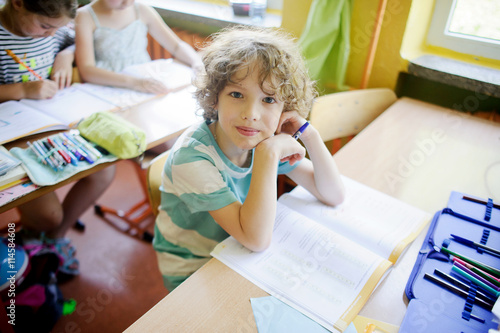 The fair-haired curly schoolboy sits at a school desk in class