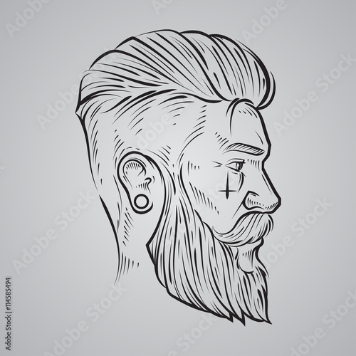 hand draw, hipster label badge, for logo, simple iilustration, man, profile view