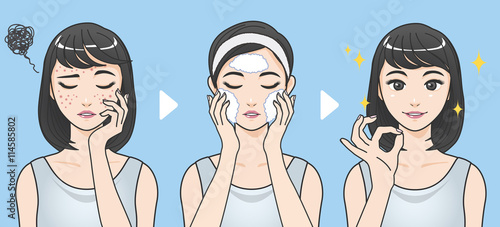 acne treatment before after, facial cleansing foam, cartoon illustration photo