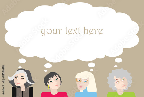 Four elderly and old women with thinking bubble above their head