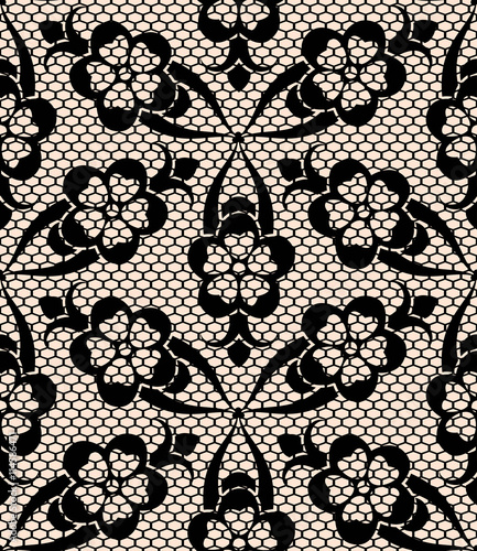 Seamless black lace pattern on beige background