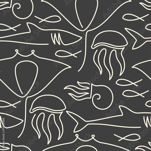 Seamless pattern made of sea fauna drawn with one line