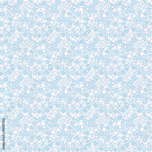Seamless pattern of blue spots, drops, blots and pebbles on white background