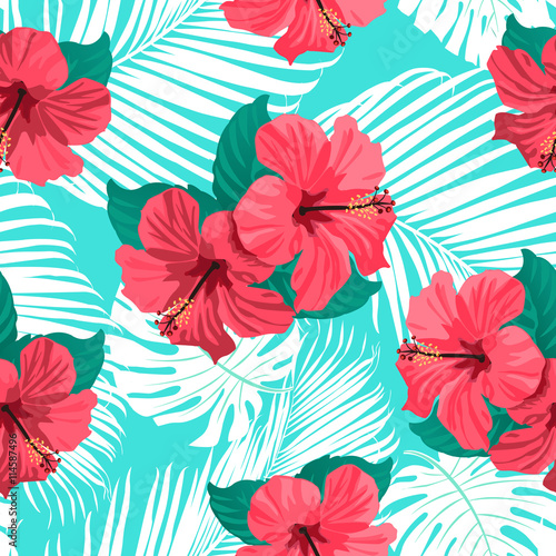 Tropical flowers and palm leaves on background. Seamless. Vector pattern.