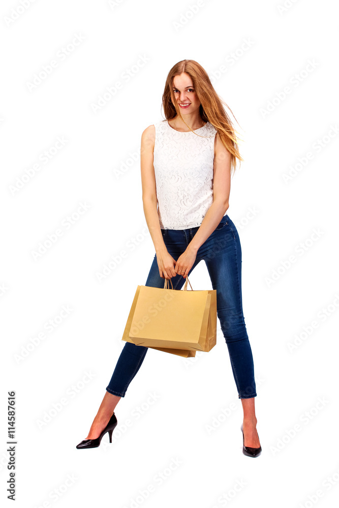 picture of lovely woman with biodegradable shopping bag.