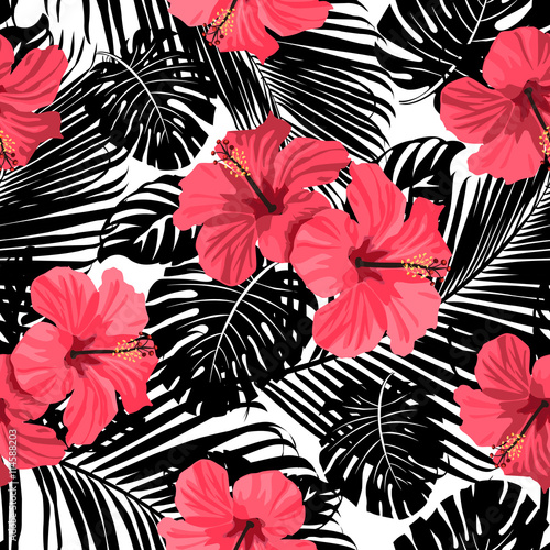 Tropical coral flowers and leaves on black and white background. Seamless. Vector.