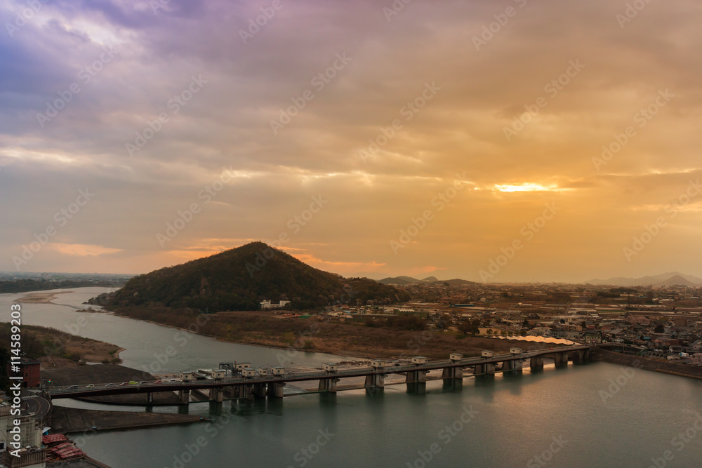 Landscape of inuyama city view with mountain and kiso river at s