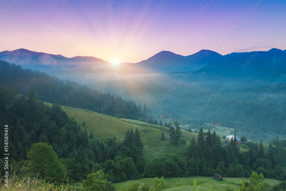 Majestic sunset in the mountains landscape. Carpathian mountins, Ukraine.