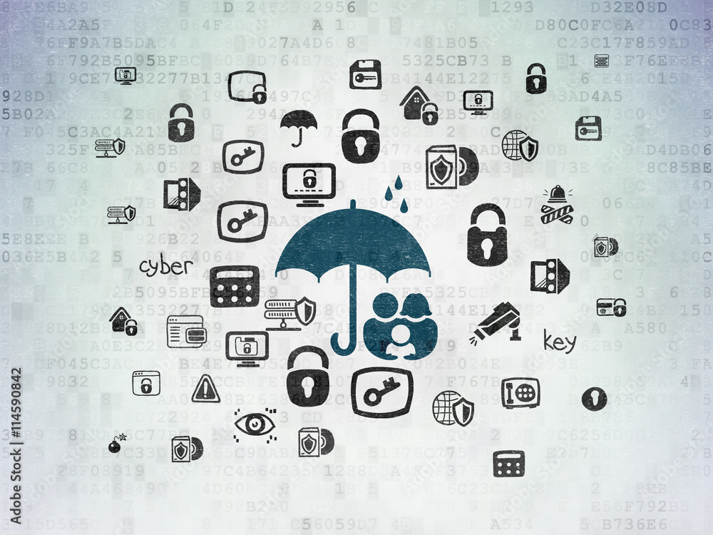 Naklejka premium Protection concept: Family And Umbrella on Digital Data Paper background