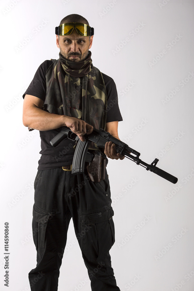 Beard soldier with ak-47 on white background Beard soldier with ak-47 on white background