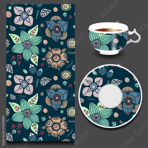 vector seamless orient pattern with cup and plate. russian desig