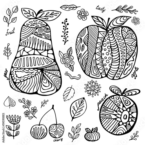 stock vector set of fruit with cherry, pear, peach, apple, leaf