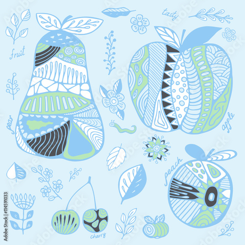 stock vector set of fruit with cherry, pear, peach, apple, leaf