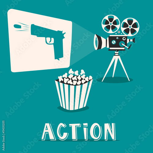 Action in the cinema. Intriguing film with popcorn