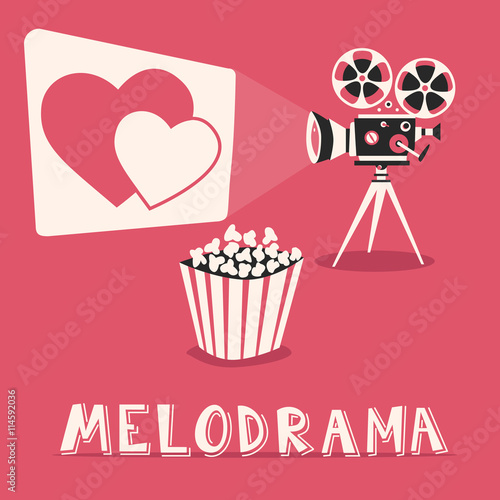 Melodrama in the cinema. Romantic film with popcorn