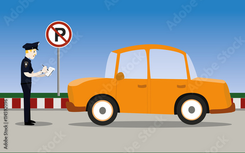 vector illustration of traffic policeman writing a parking ticket to a car in no parking area