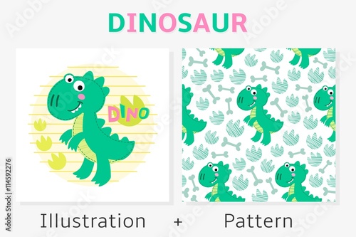 Dinosaur vector seamless pattern and illustration. 