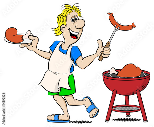 Mann beim Grillen mit Schürze und Fleisch (BBQ) 