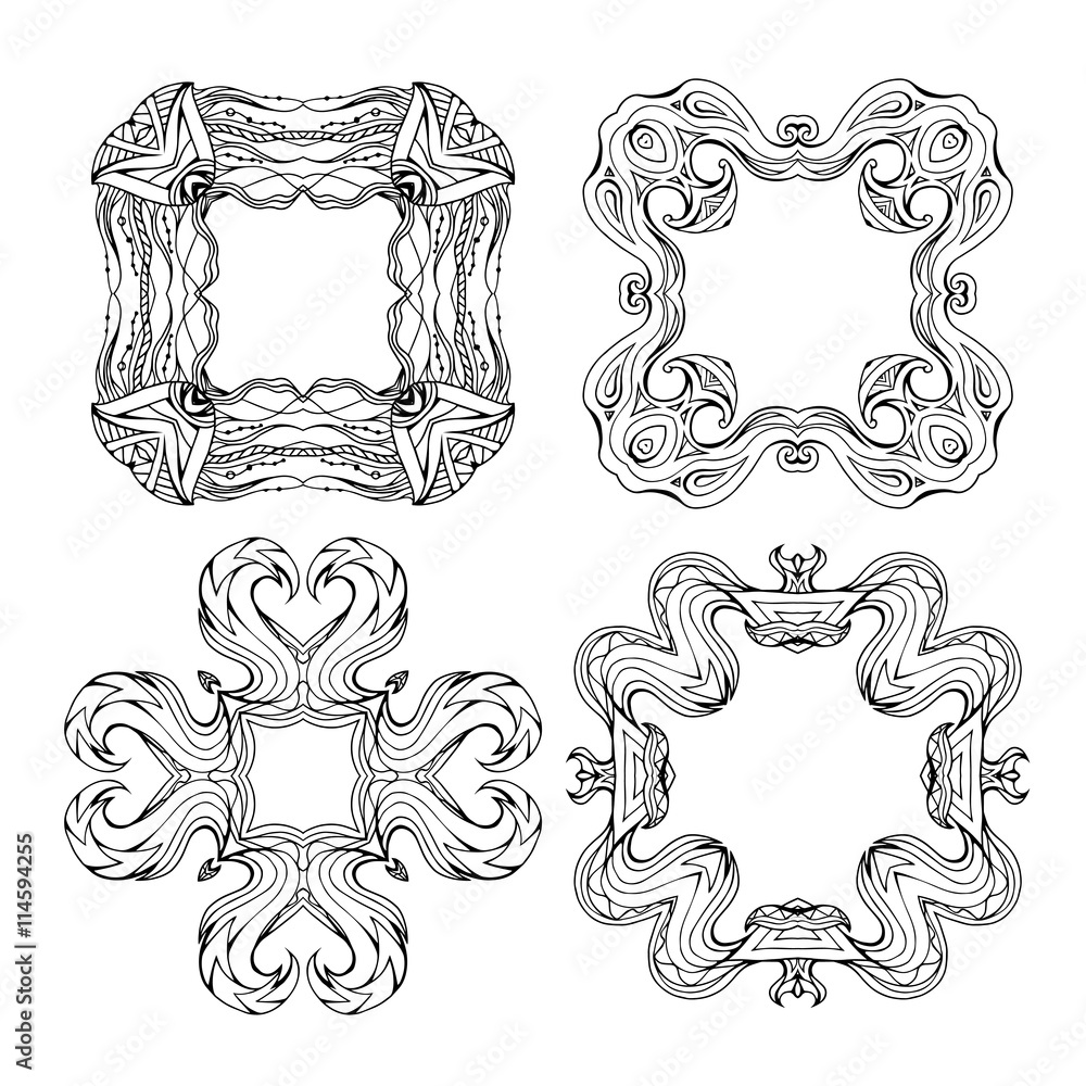 Naklejka premium Set boho frames with doodle pattern and place for text. Vector elements for your creativity