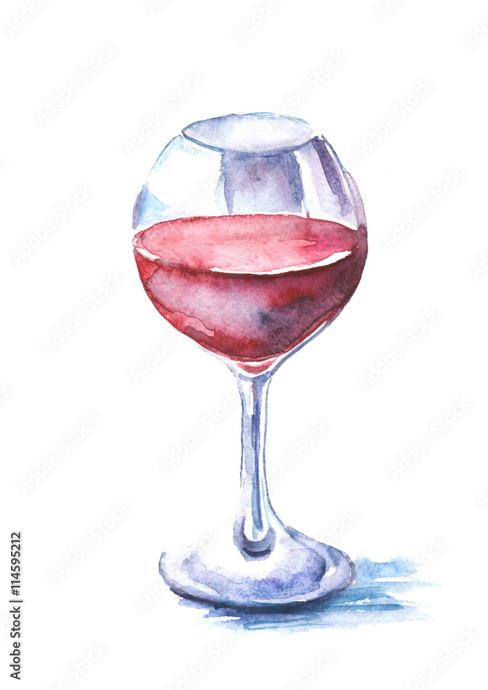 Illustration red wine in the glass. Glass of wine. Figure executed in watercolor on an isolated white background Illustration red wine in the glass. Glass of wine. Figure executed in watercolor on an isolated white background