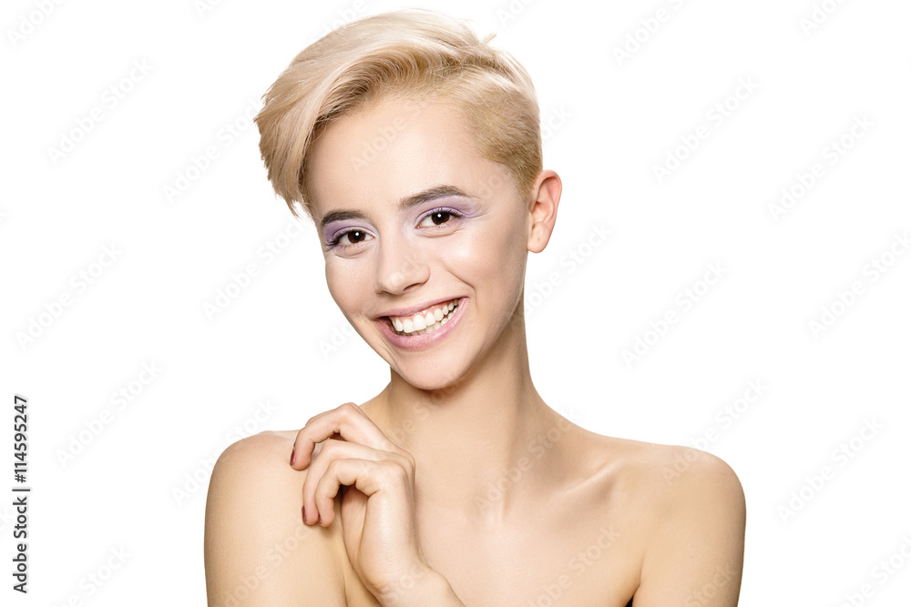 Beautiful girl with white and short hair smiles broadly. Beautiful girl with white and short hair smiles broadly.