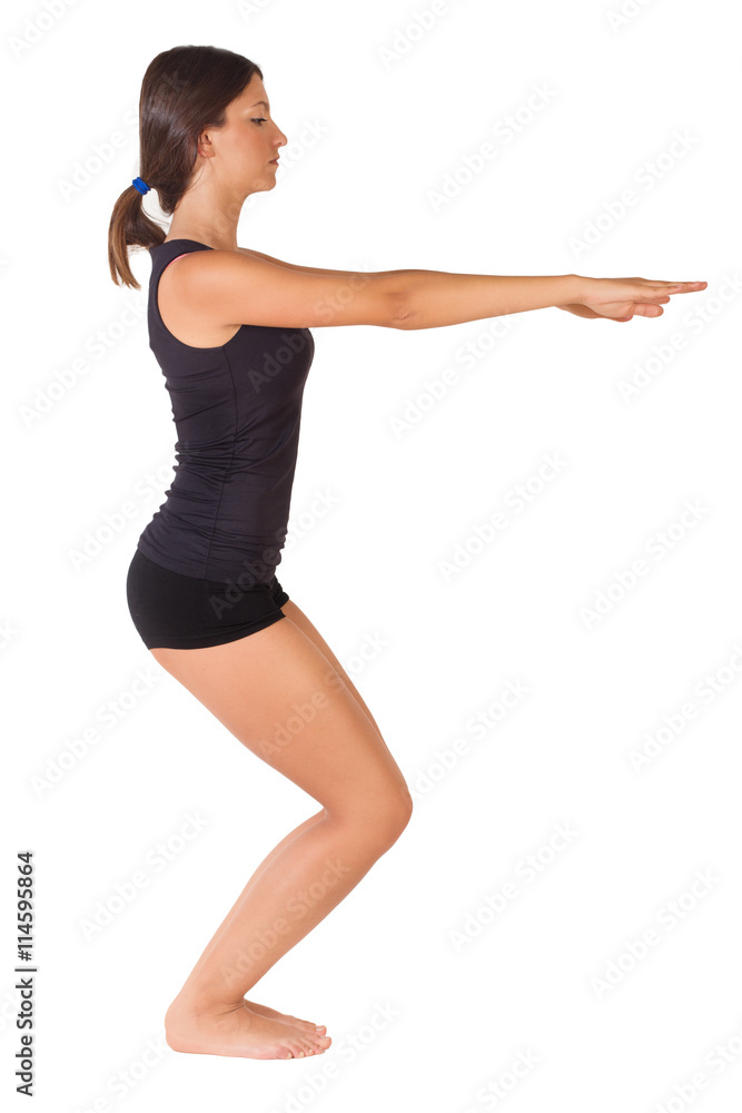 Mujer practicando estiramiento yoga sobre fondo blanco aislado. Vista de frente. Concepto: Deporte gimnasia. Copy space Mujer practicando estiramiento yoga sobre fondo blanco aislado. Vista de frente. Concepto: Deporte gimnasia. Copy space