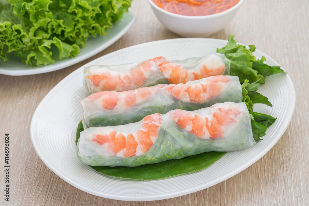 Fresh spring roll with shrimp and dipping sauce, Vietnamese food Fresh spring roll with shrimp and dipping sauce, Vietnamese food