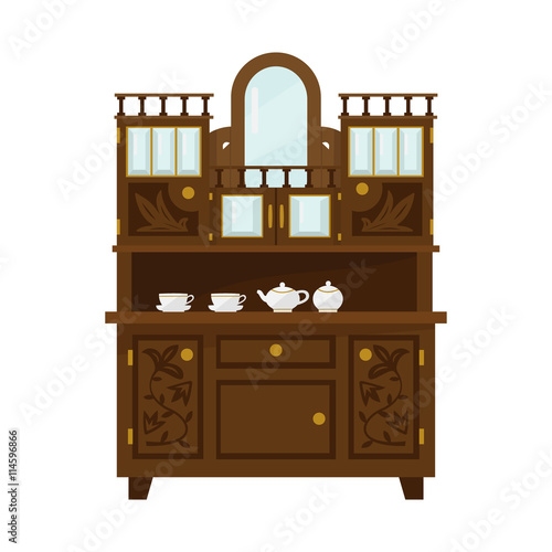 Antique Wooden Cupboard With China