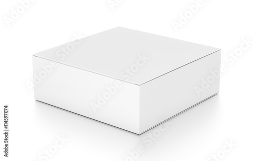 White flat horizontal rectangle blank box from top side angle. © Mockup Cake