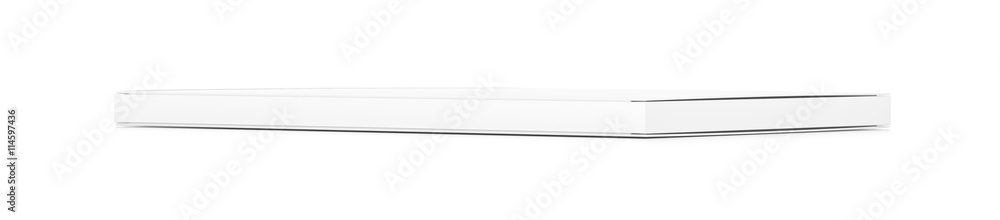 White wide thin flat horizontal rectangle blank box from side angle. White wide thin flat horizontal rectangle blank box from side angle.